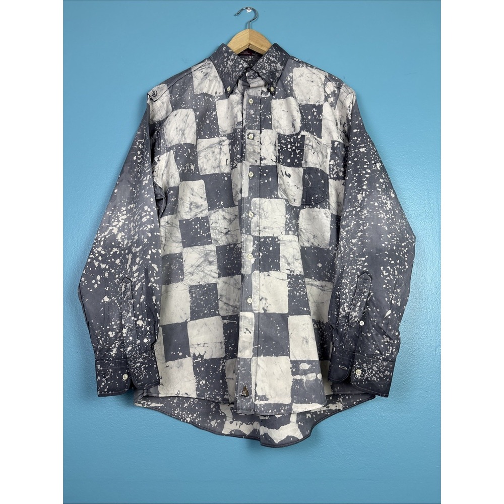 Vintage Nordstrom Button Down Shirt Checker Pattern Medium 15.5 Tie dye Bleach